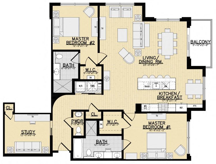 Floor plan for 2 beds, 2.5 baths, 1613 sqft